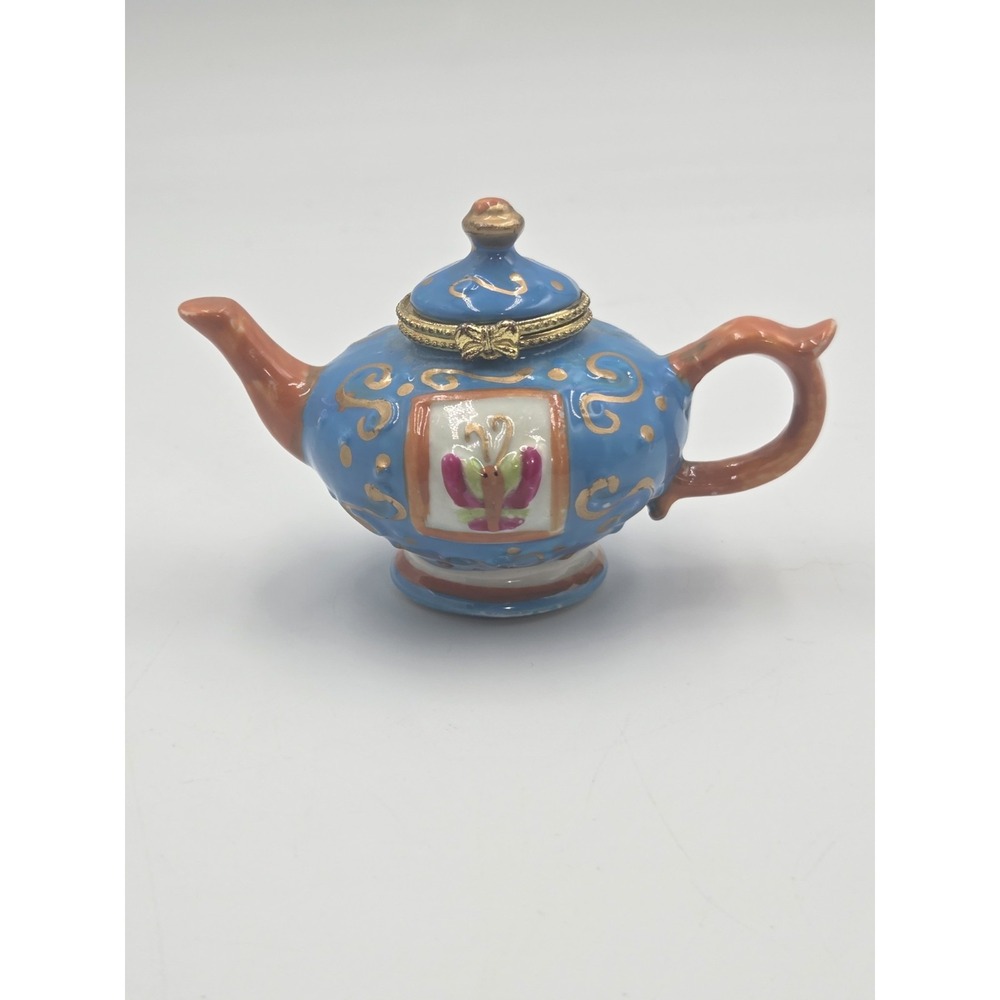 Vintage Miniature Teapot Hinged Trinket Pill Box Butterfly Blue Gold Swirls